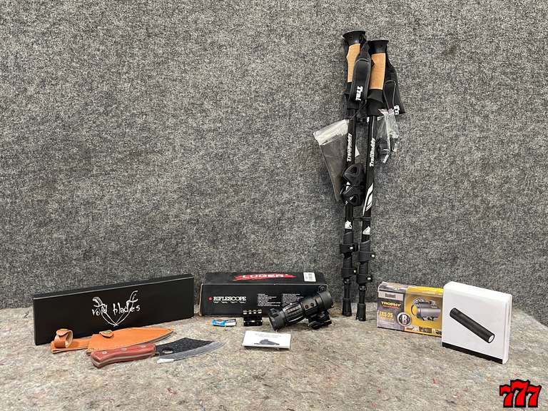 Outdoor Knife, Trekking Poles, Riflescope, Red Dot And Portable Charger/Flashlight