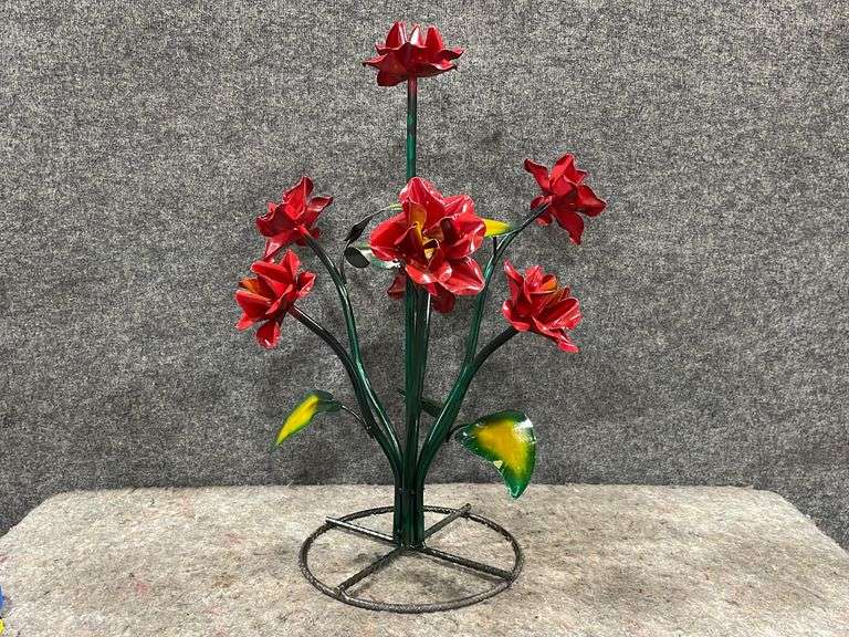 Red Metal Flower Yard Art 