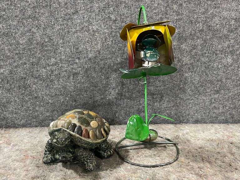 Rock Turtle And Metal Lily Pad Flower