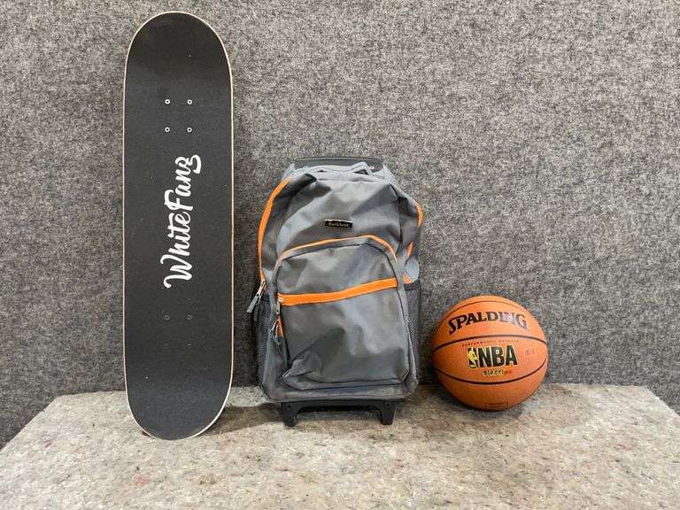 White Fang Skateboard, Spalding Basketball And 1 Rockland Rolling Backpack 