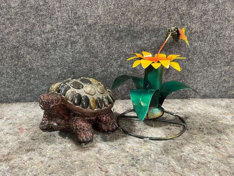 Rock Turtle And Small Metal Flower 