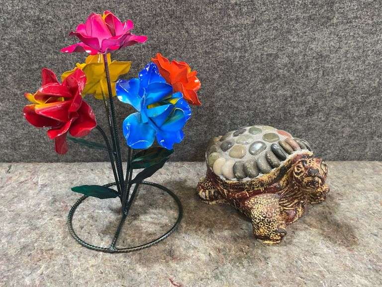 Metal Outdoor Flower And Rock Turtle