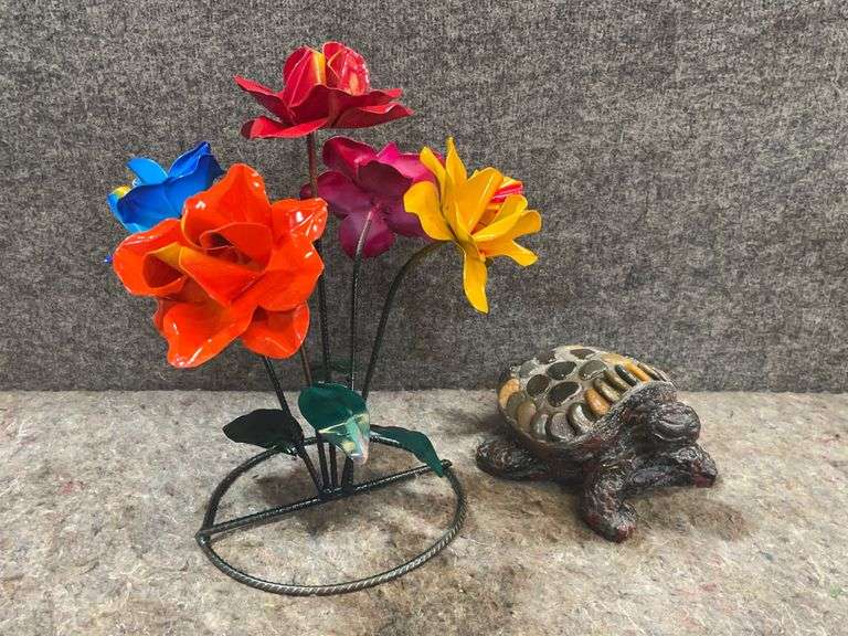 Metal Outdoor Flower And Rock Turtle