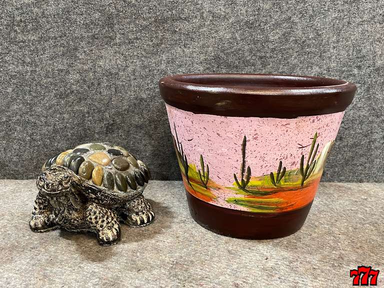 Hand Painted Planter And Rock/Cement Turtle
