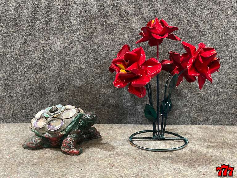 Red Metal Flower And Cement/Shell Turtle 