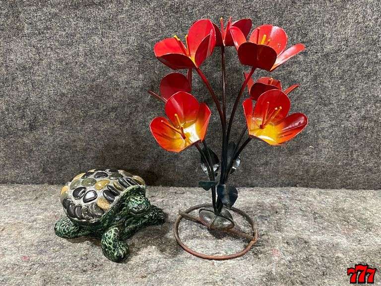 Red Metal Flower Stand & 1 Rock And Cement Turtle