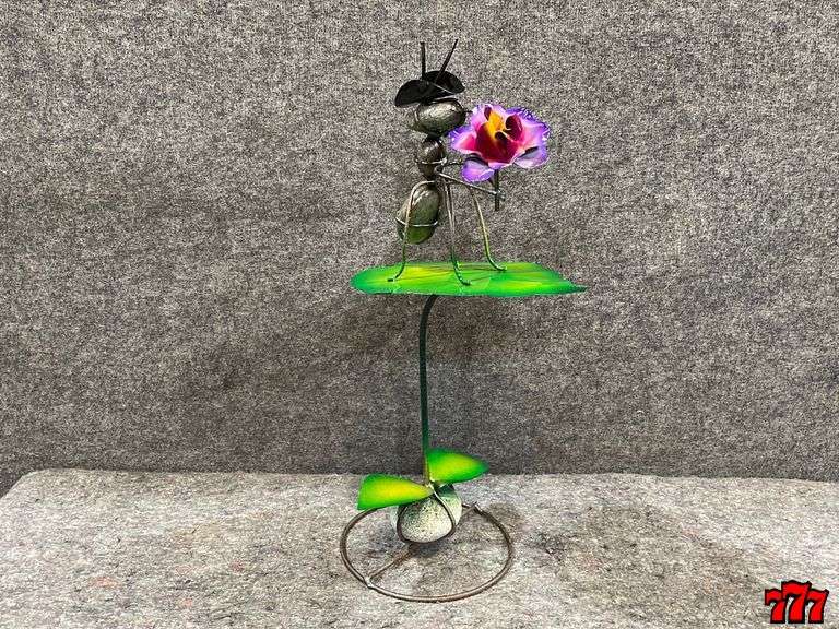 Metal Lily Pad W/ An Ant & Purple Flower