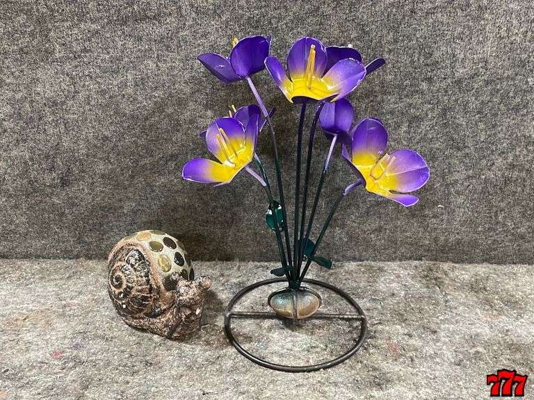 1 Metal Purple Flower Stand & 1 Rock And Cement Snail