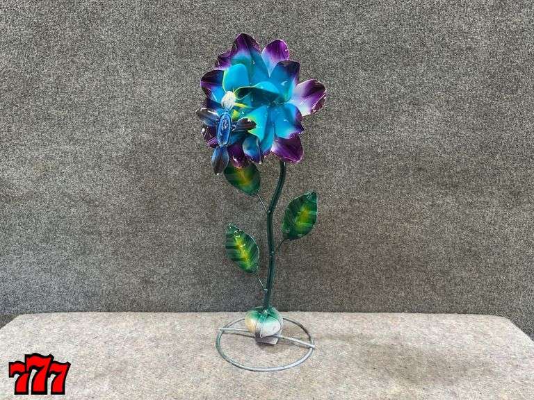 26” Tall Blue/Purple Metal Flower Stand w/ Hummingbird