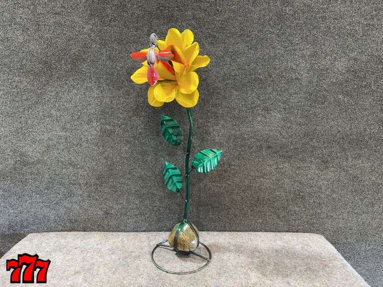 31” Tall Yellow Metal Flower Stand w/ Hummingbird