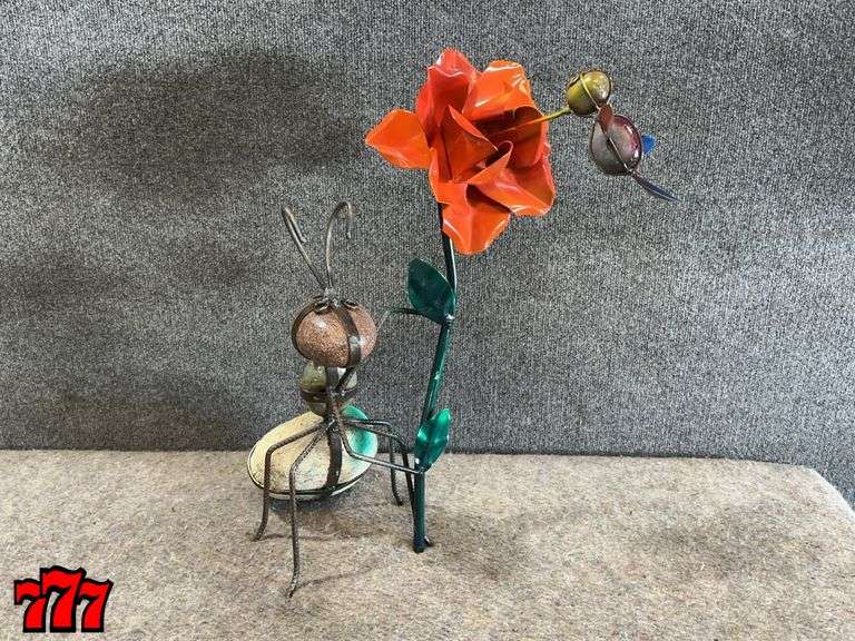 22” Tall Rock & Metal Ant w/ Orange Flower & Hummingbird