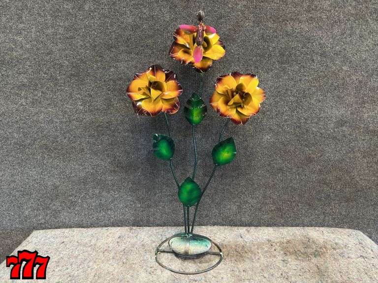 29” Tall Yellow/Maroon Metal Flower Stand w/ Hummingbird