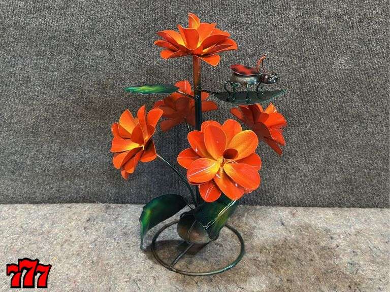 19” Tall Orange Metal Flower Stand w/ Ladybug