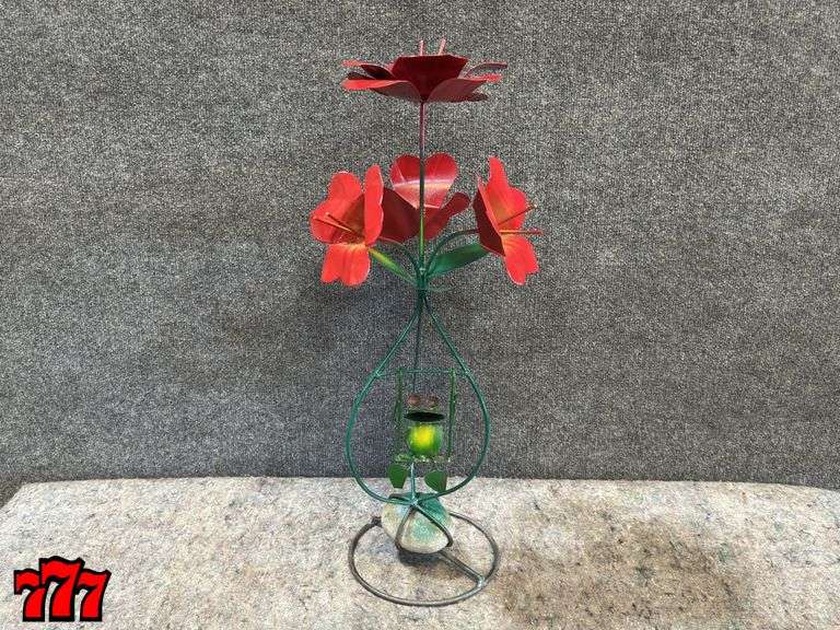 24” Tall Red Metal Flower Stand w/ Swinging Frog