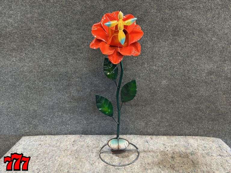 29” Tall Orange Metal Flower Stand w/ Hummingbird
