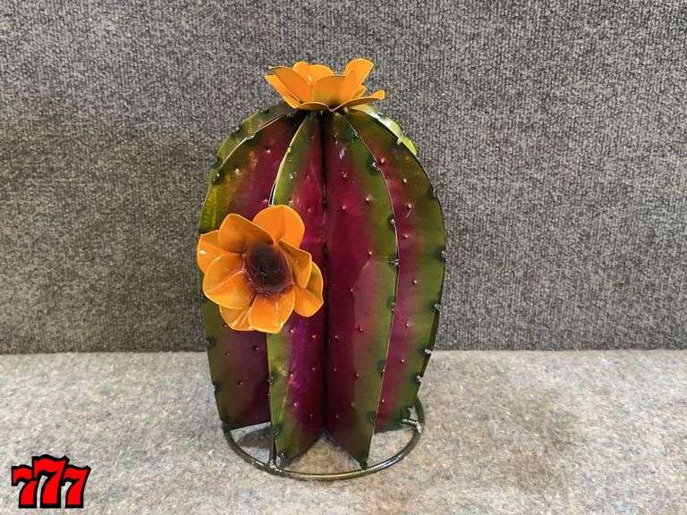 14” Tall Metal Cactus Stand w/ Yellow Flowers