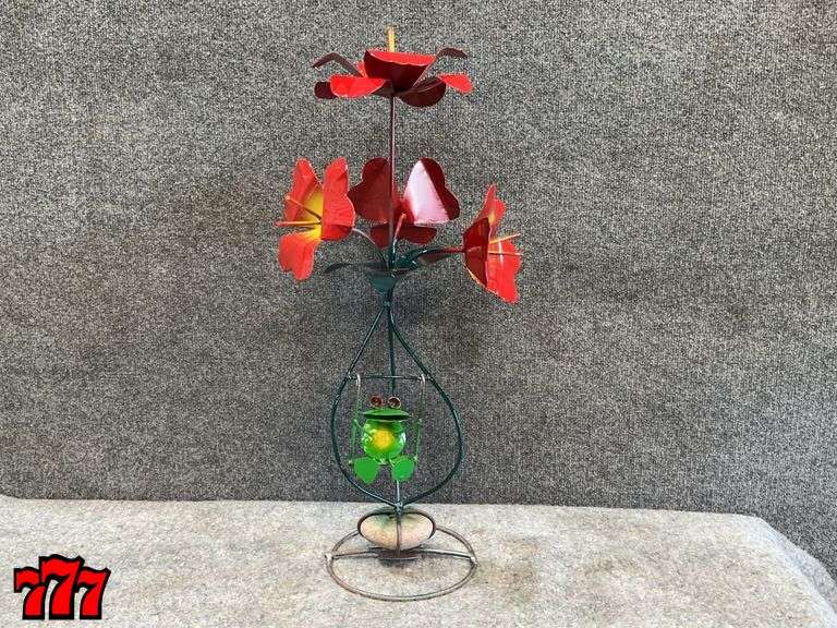 26” Tall Red Metal Flower Stand w/ Swinging Frog
