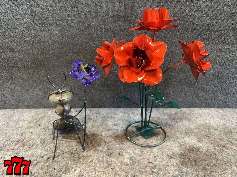 (1) 10” Tall Rock Ant w/ Purple Flower & (1) 18” Tall Orange Metal Flower Stand