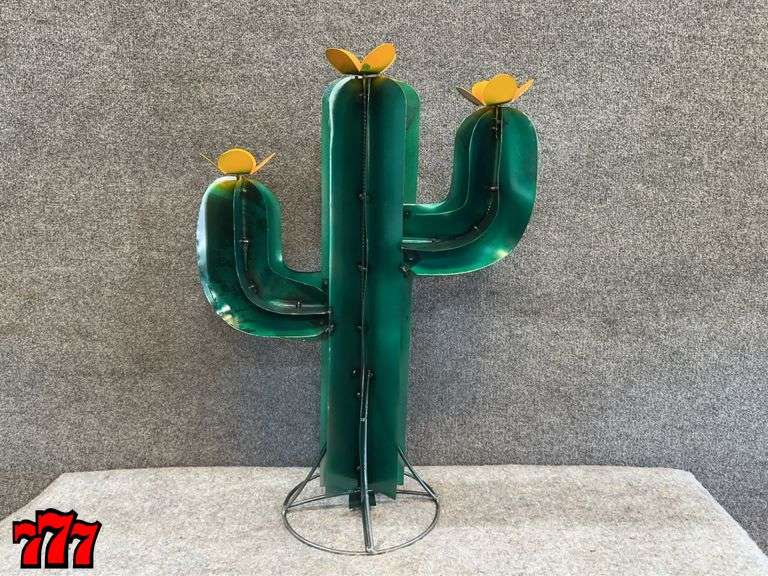 31” Tall Metal Cactus Stand w/ Yellow Flowers