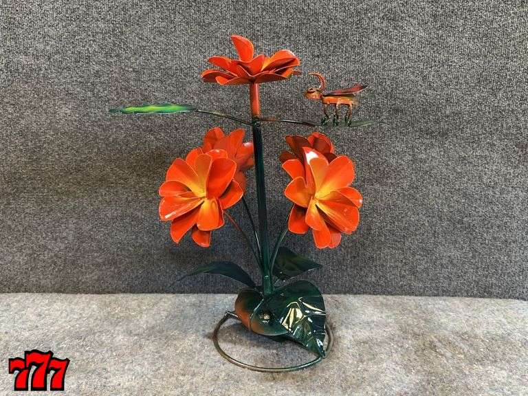 19” Tall Orange Metal Flower Stand w/ Ladybug