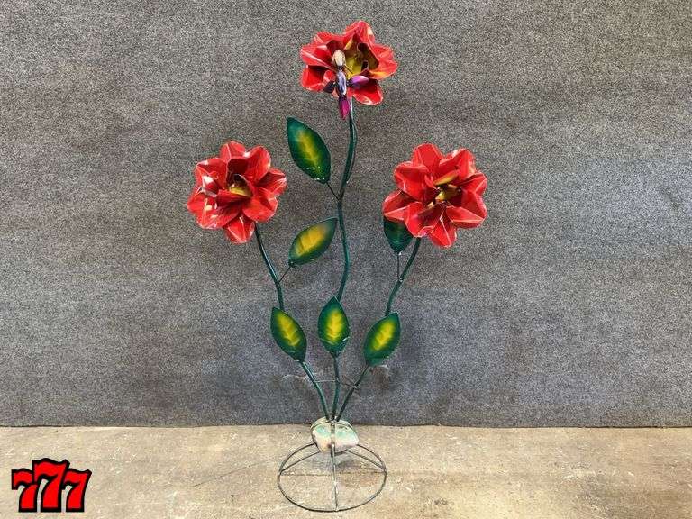 53” Tall Red Metal Flower Stand w/ Hummingbird