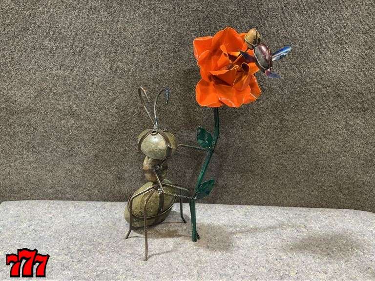 22” Tall Rock Ant w/ Metal Orange Flower & Hummingbird