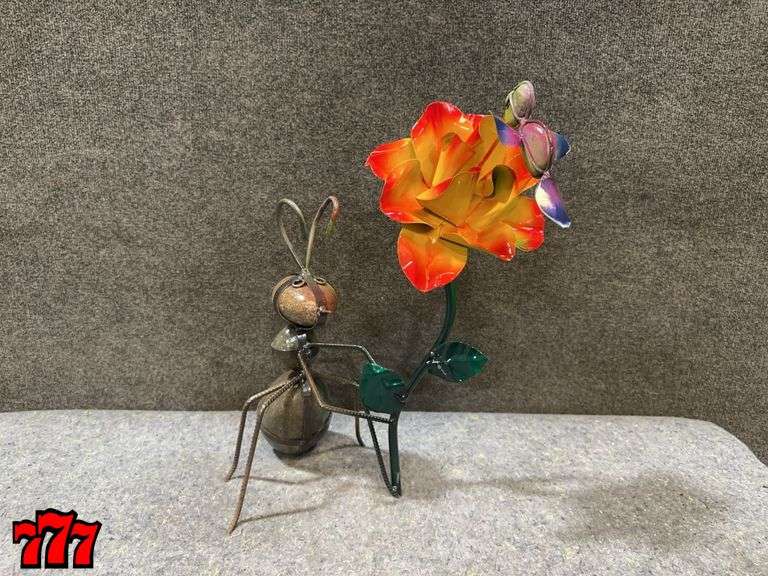 19” Tall Rock Ant w/ Metal Orange Flower & Hummingbird