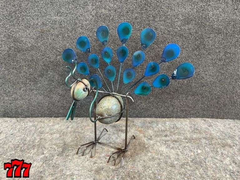 Small 16” Tall Metal & Rock Swinging Peacock