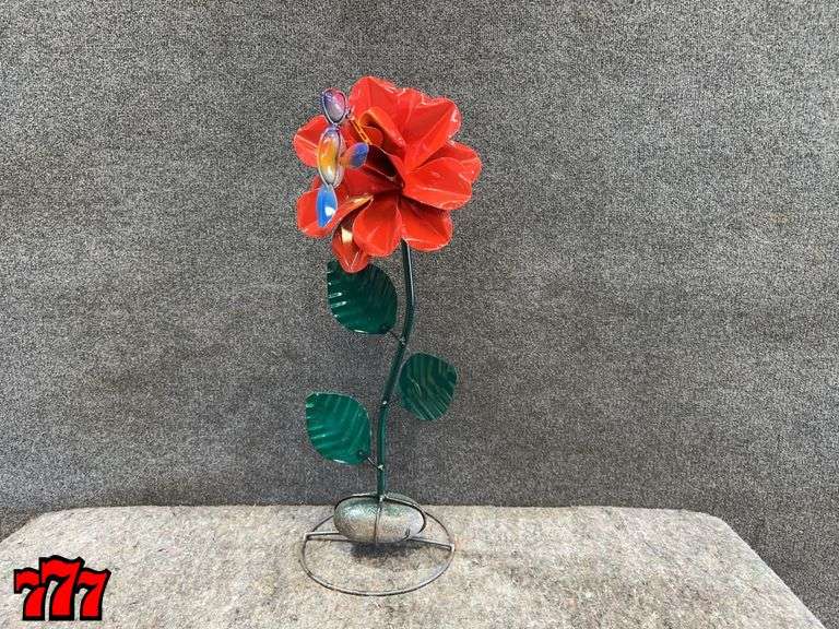 28” Tall Metal Orange Flower Stand w/ Hummingbird