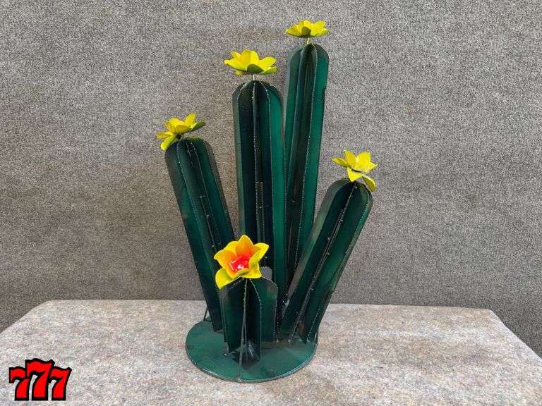 28” Tall Metal Cactus Stand w/ Yellow Flowers