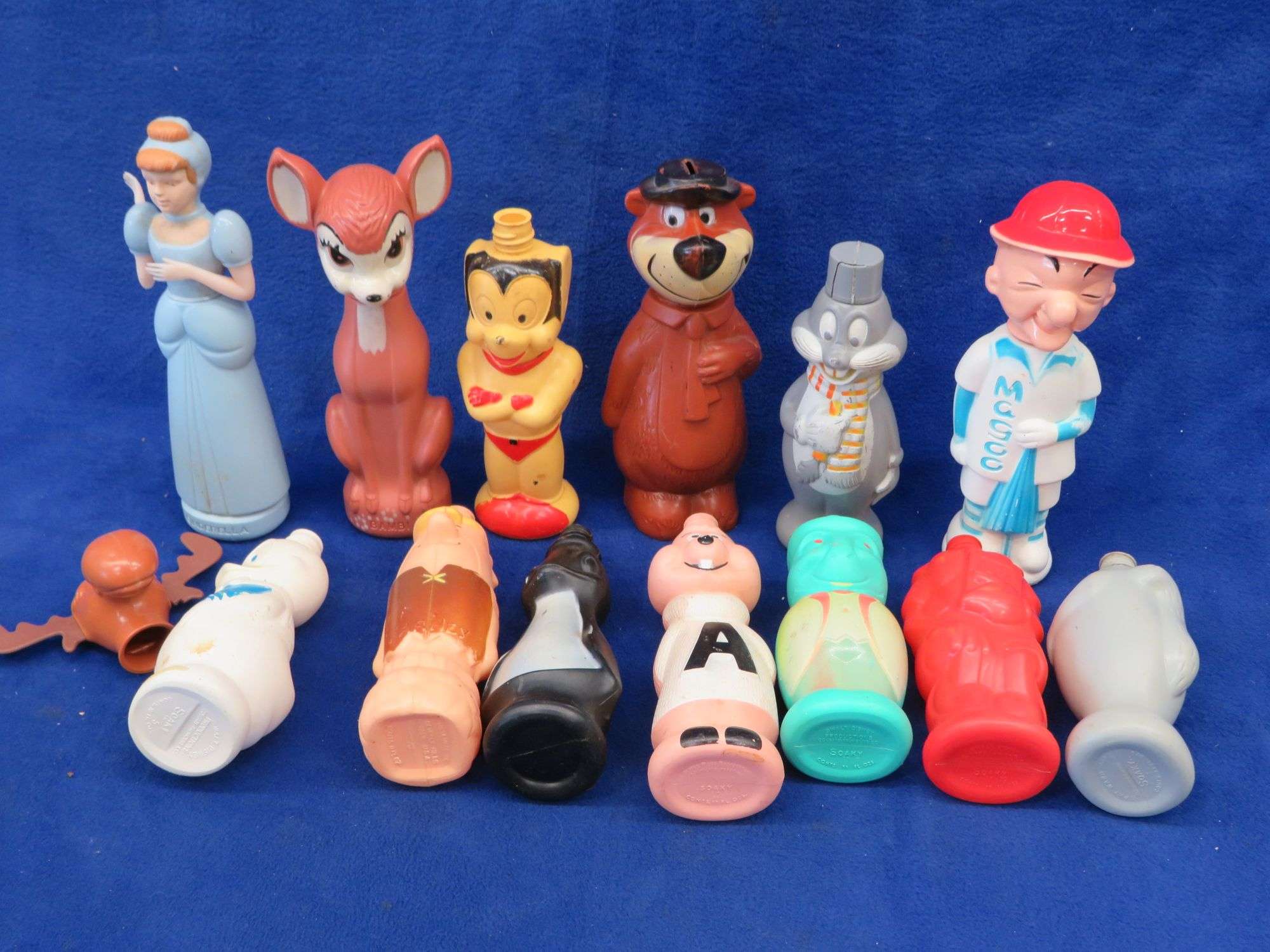 Vintage Soaky bubble bath soap containers including Mr. Magoo and