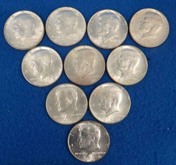 Ten 1964 90% silver Kennedy half dollars