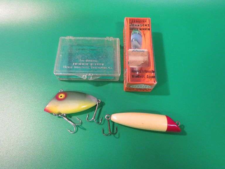 Johnson's Silver minnow in a box marked No. 1210, 2 1/2" Tackle Industries Swimmin Minnow in a box, 
