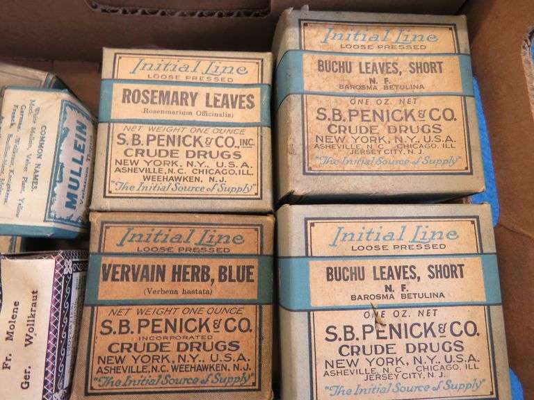 A box full of vintage healing herbs for ailments from different distributors