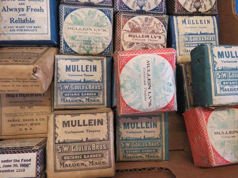 A box full of vintage healing herbs for ailments from different distributors
