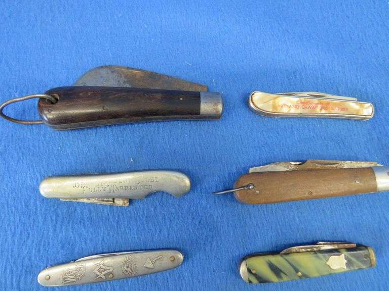 Nice collectible pocket knives including a Colonial with advertising, Lunawerk Germany Masonic-theme