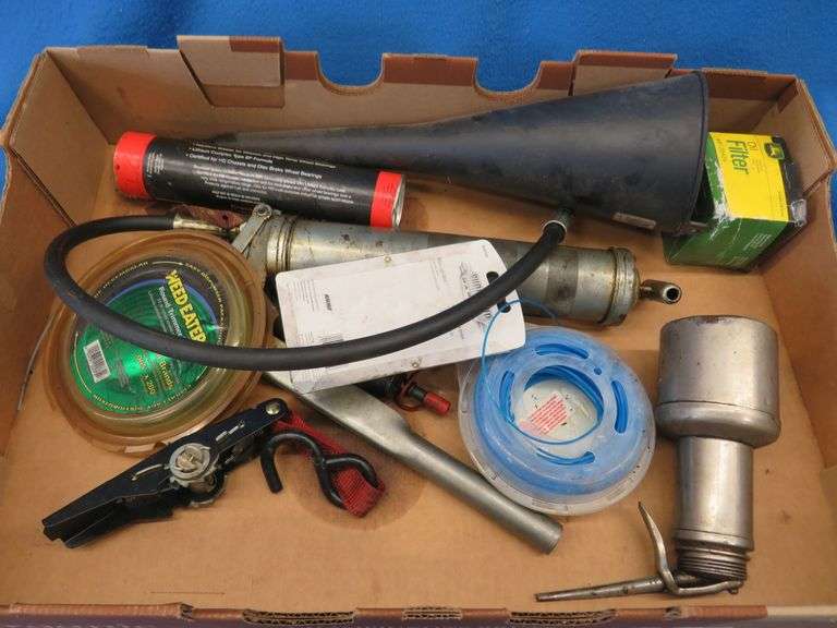 Grease gun, funnel, John Deere oil filter, and more