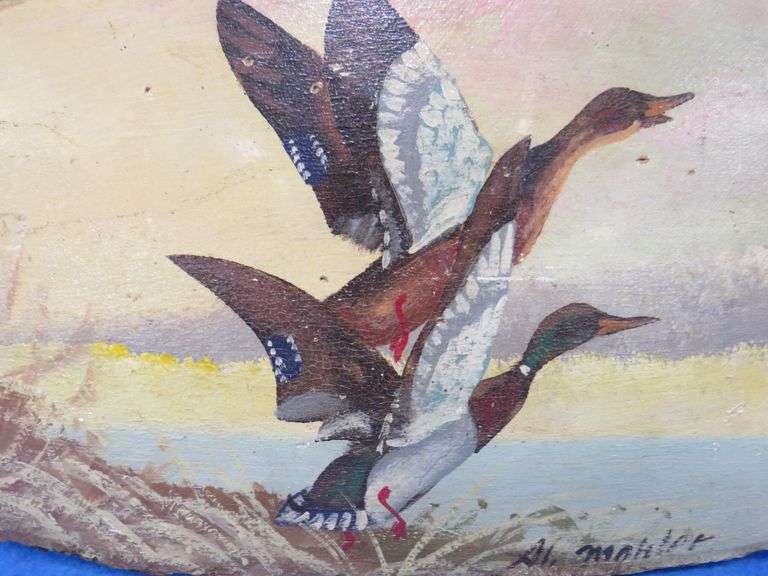 Original Al Mohler wooden slab art painting entitled  'Rising Mallard" form the Al Mohler Studio in 