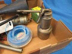 Grease gun, funnel, John Deere oil filter, and more