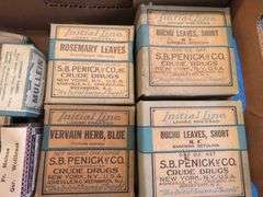 A box full of vintage healing herbs for ailments from different distributors
