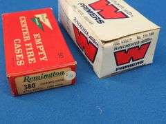 700 Winchester Western Small Pistol primers and 20 380 Auto unprimed pistol cases in a vintage box