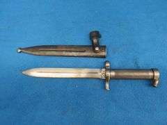 Swedish Mauser bayonet, metal sheath, and leather holder