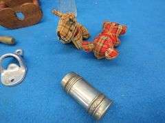 Collectible smalls including a child's egg beater, old amp gauge, vintage pipe, and more