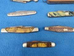 Nice collectible pocket knives including a Colonial with advertising, Lunawerk Germany Masonic-theme