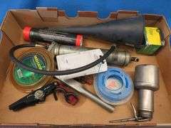 Grease gun, funnel, John Deere oil filter, and more
