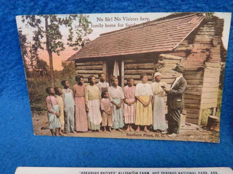 Two Black Americana postcards, two stereocards, and one advertising coffee card