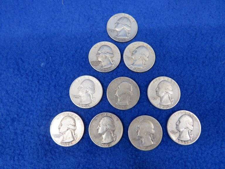Ten silver Washington quarters