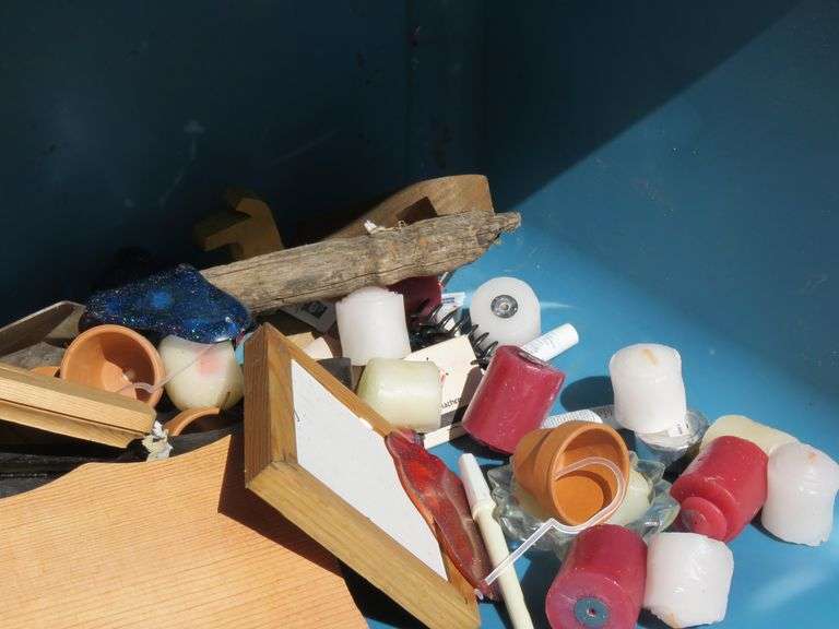 Box lot with wall art, wood cookies, and more