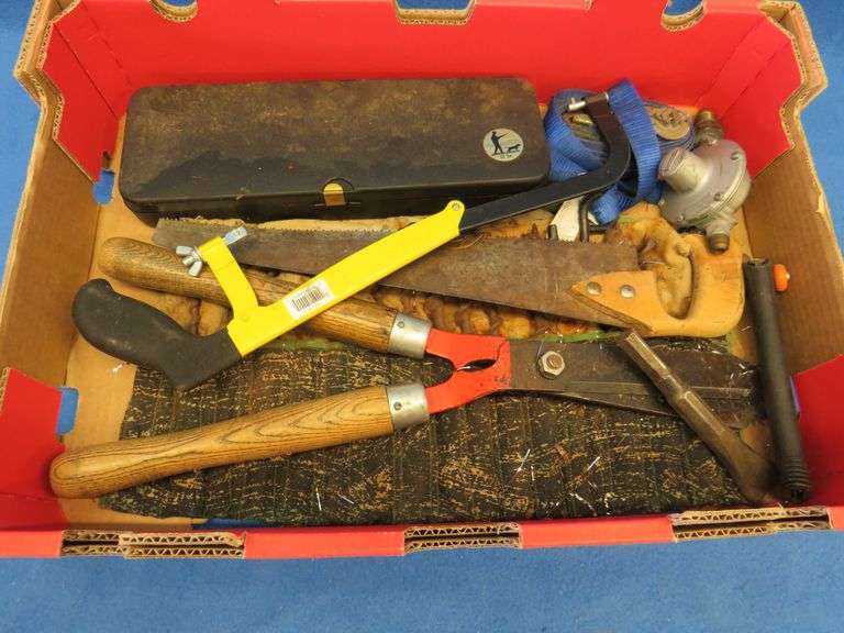 Hack saw, shotgun cleaning kit, propane regulator, and more