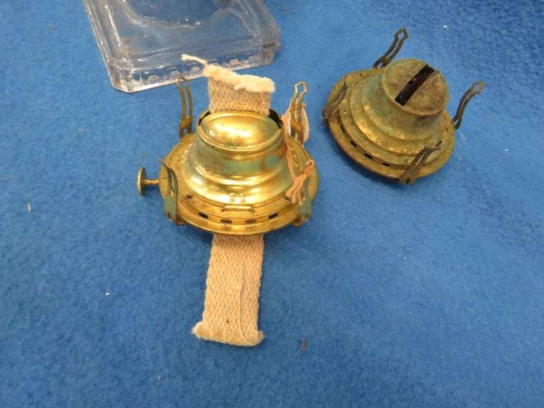 Two kerosene lamps with shades and two extra burners